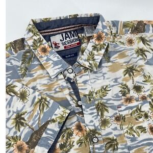 Jam Session Men XXL Tropical Palm Tree Camo Print Short Sleeve Button Down Shirt